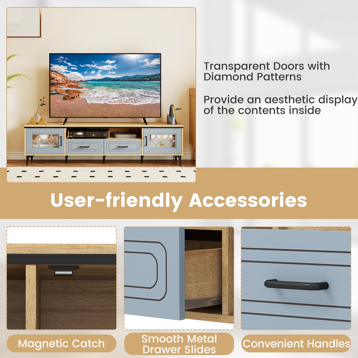 Farmhouse TV Stand for TVs up to 80 Inch with 2 Drawers-Oak and Gray, Oak Entertainment Centers & TV Stands at Gallery Canada