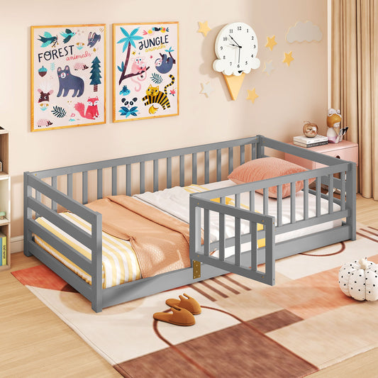 Twin Size Floor Bed With High Fence And Door Playhouse, Gray Toddler Beds Gray at Gallery Canada