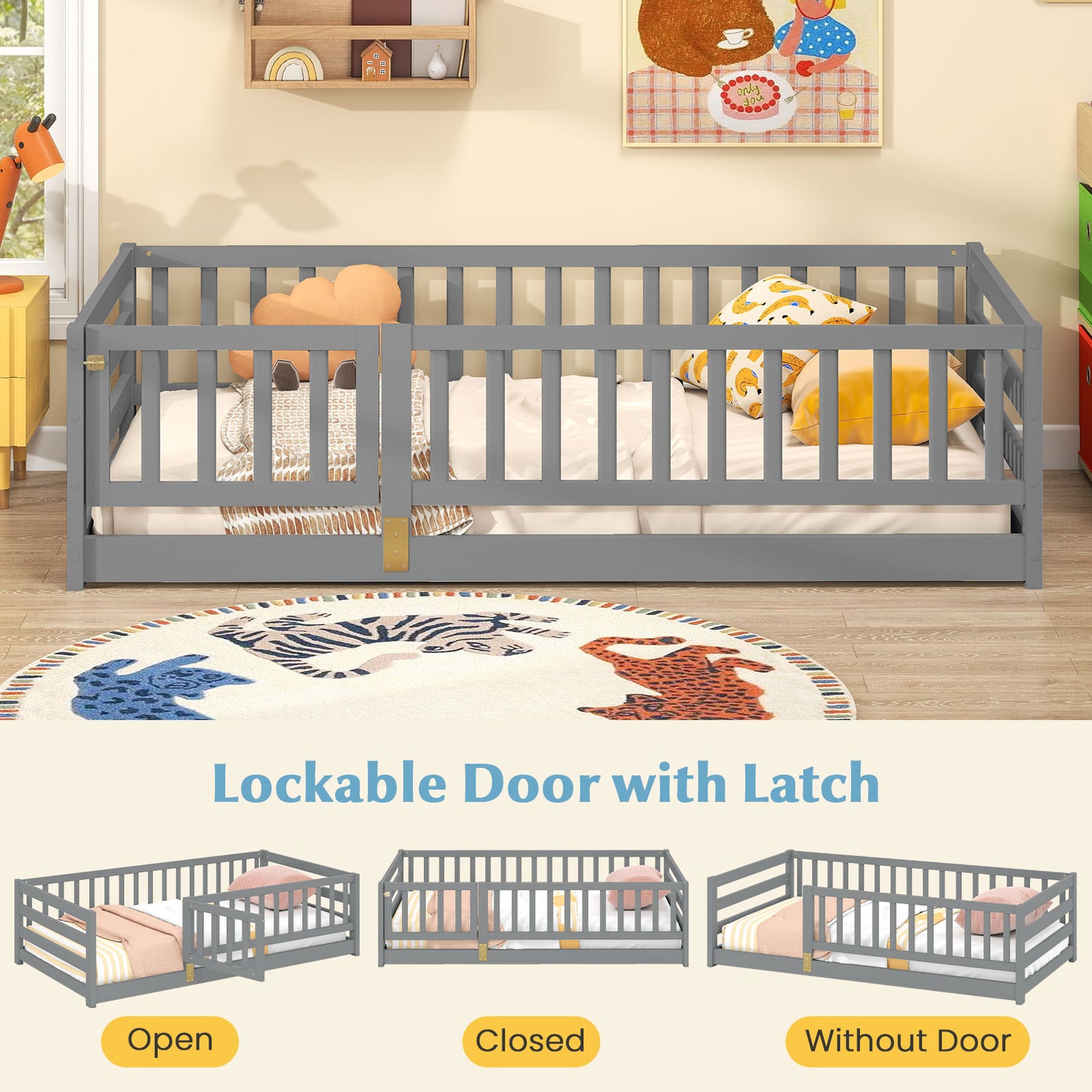 Twin Size Floor Bed with High Fence and Door Playhouse for Kids, Gray Toddler Beds at Gallery Canada