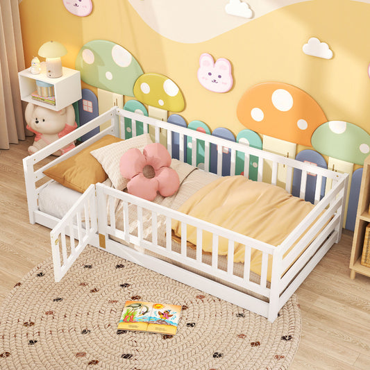 Twin Size Floor Bed with High Fence and Door Playhouse for Kids, White Toddler Beds White at Gallery Canada