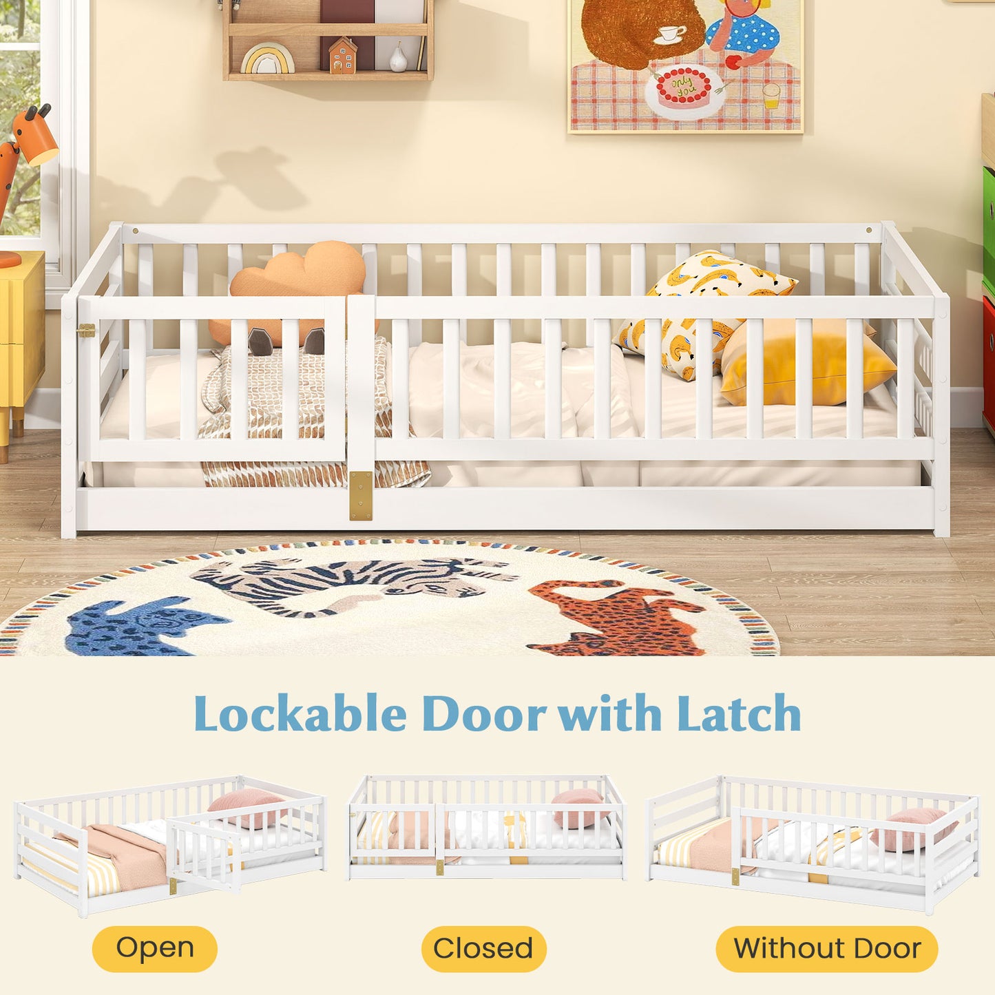 Twin Size Floor Bed with High Fence and Door Playhouse for Kids, White Toddler Beds at Gallery Canada