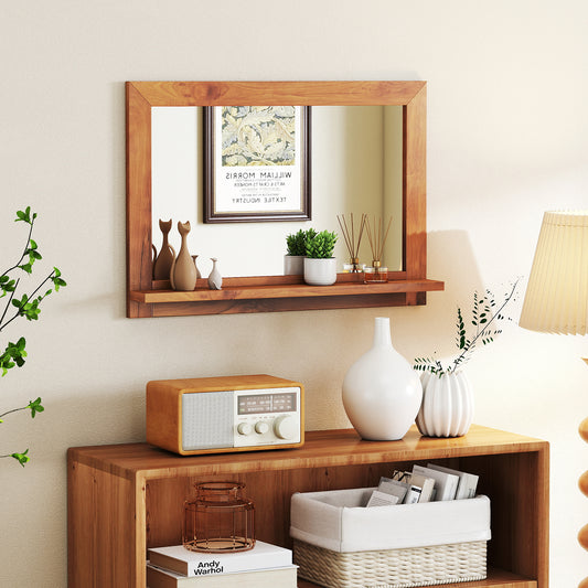Farmhouse Wall Mirror with Shelf and Teak Wood Frame, Natural Wall Mirrors Natural at Gallery Canada
