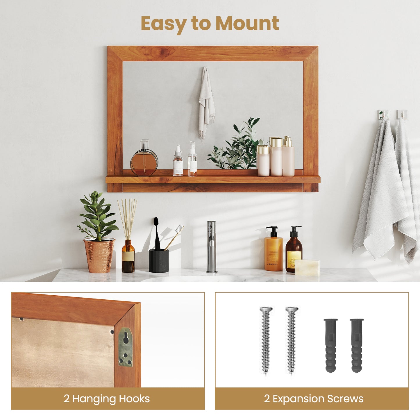 Farmhouse Wall Mirror with Shelf and Teak Wood Frame, Natural Wall Mirrors at Gallery Canada