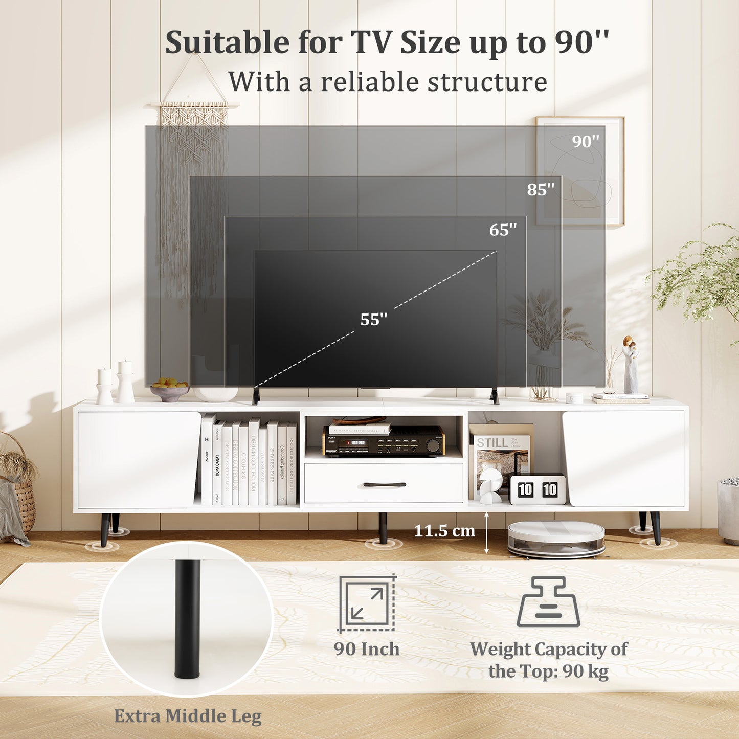 79" TV Stand for TVs up to 90 Inches Entertainment Center Wood Media Console Table Modern Mid Century TV Cabinet, White Entertainment Centers & TV Stands at Gallery Canada