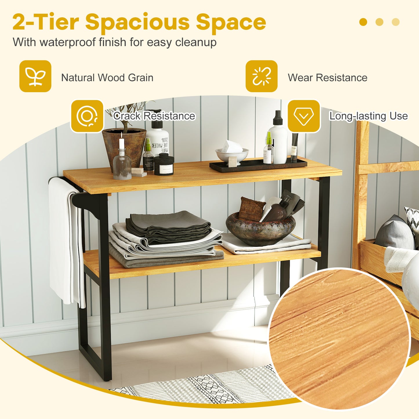 2-Tier Solid Teak Wood Bathroom Shelf With Towel Rack, Natural Floor Cabinets at Gallery Canada