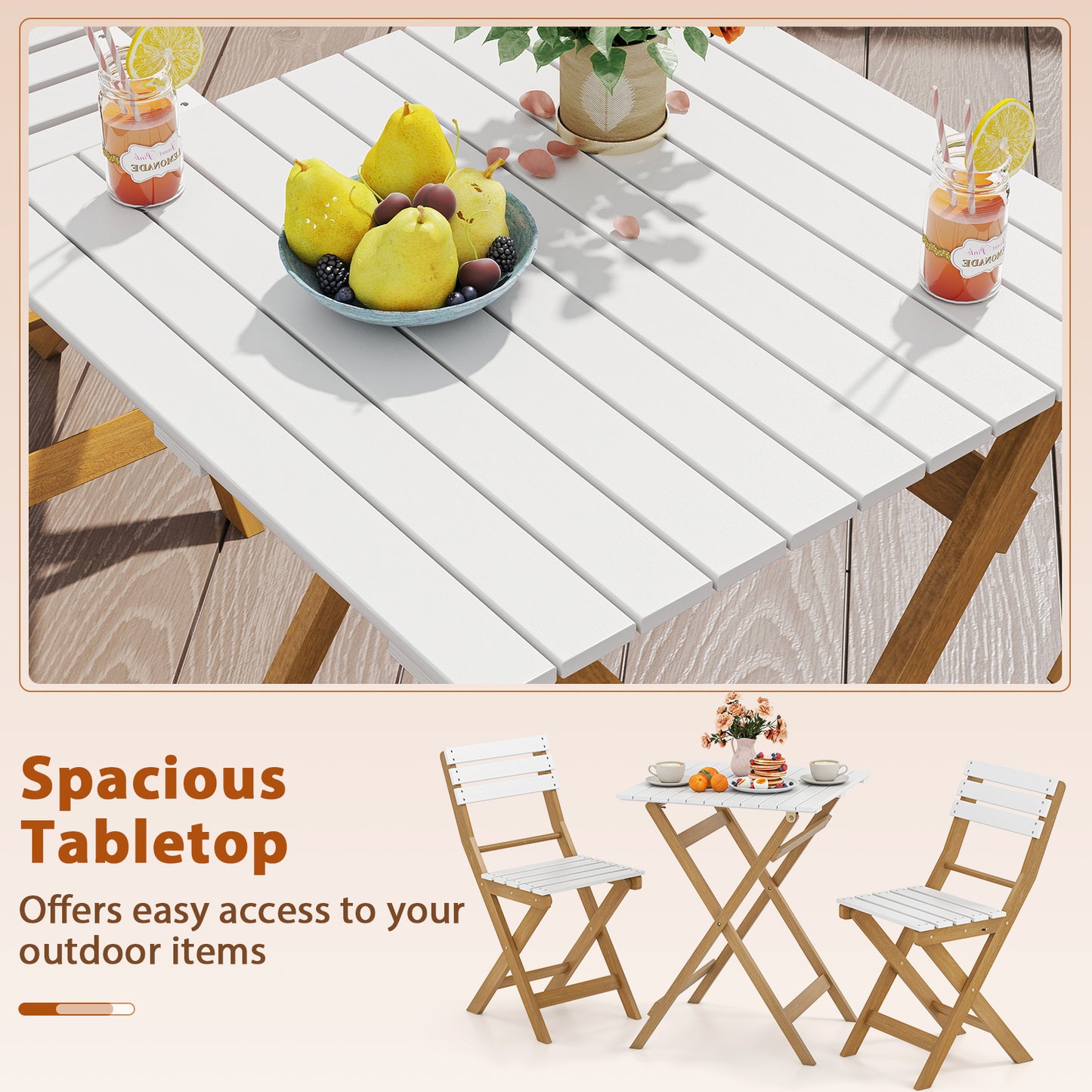 3 Piece Folding Patio Bistro Set, Acacia Wood Chairs And Square Table