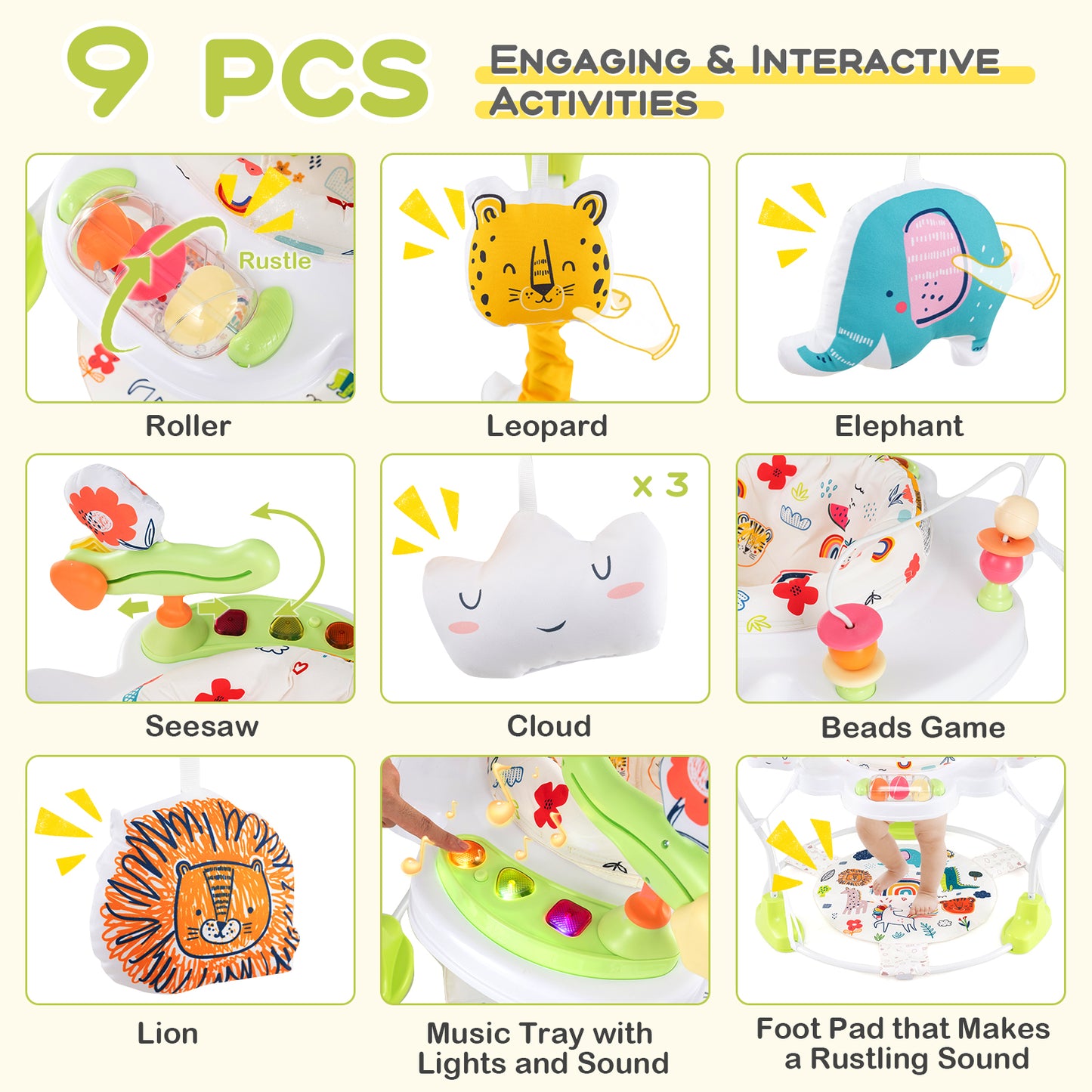 Baby Activity Center Height Adjustable Baby Bouncing Saucer with Interactive Toys, Yellow Baby Gyms & Playmats at Gallery Canada