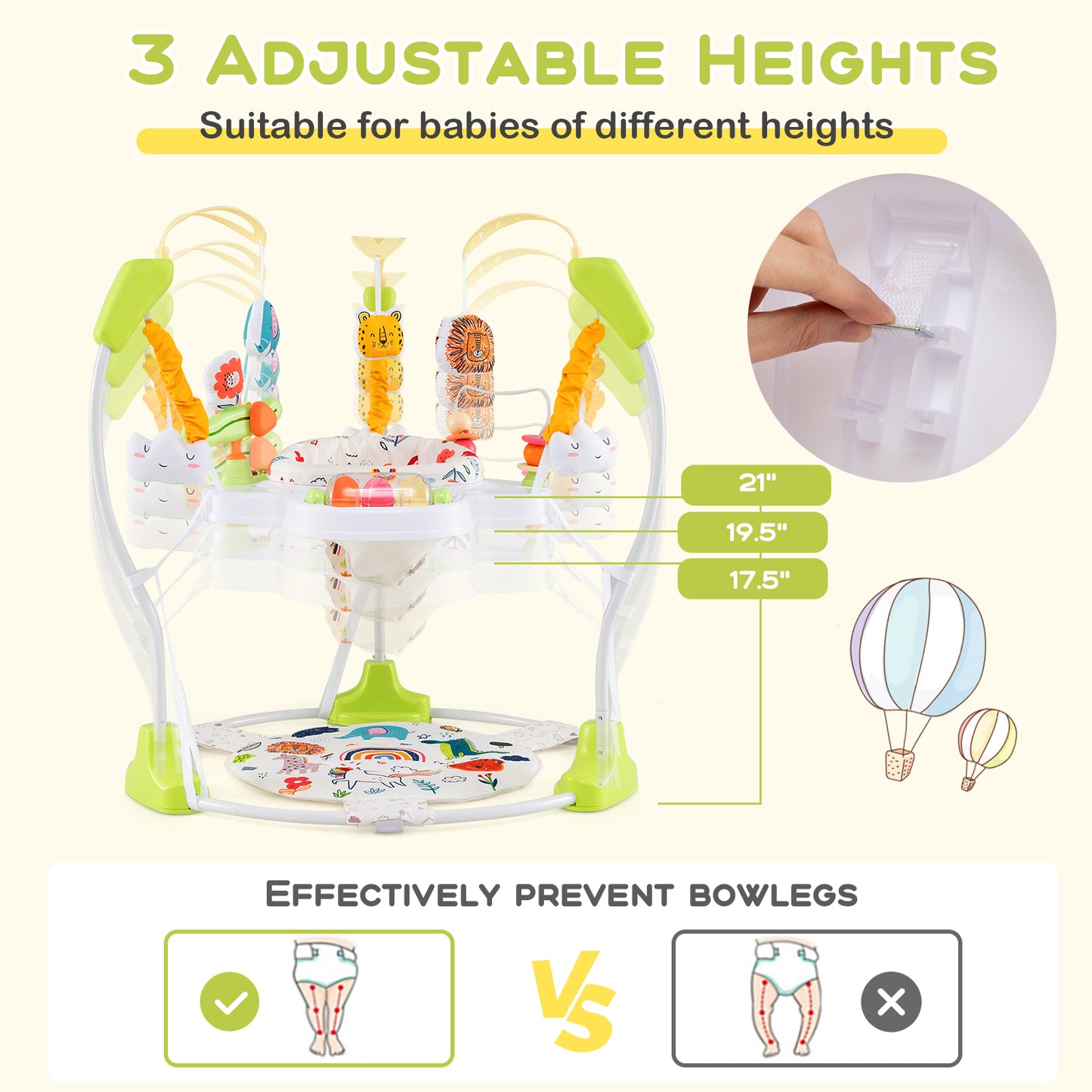 Centre d'activités pour bébé, Sauteur rebondissant réglable en hauteur avec jouets, Jaune