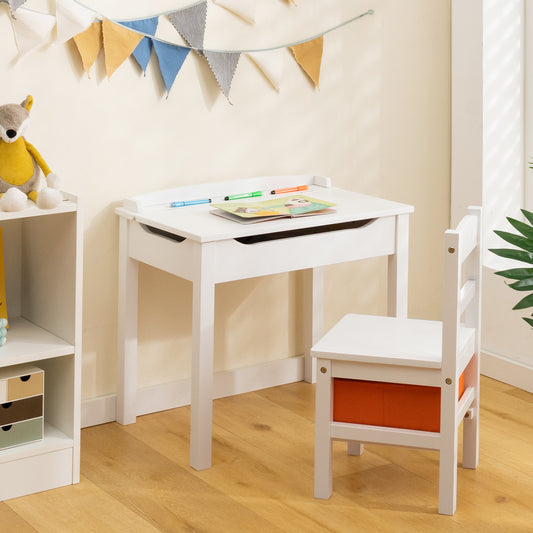 Wood Activity Kids Table And Chair Set With Storage, White