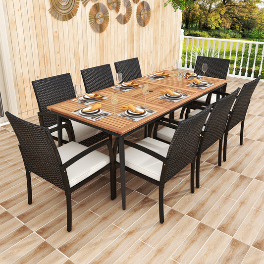 9-Piece Patio Dining Set with Umbrella Hole and 8 Rattan-woven Dining Chairs with Seat Cushions, Natural Patio Dining Sets Natural at Gallery Canada