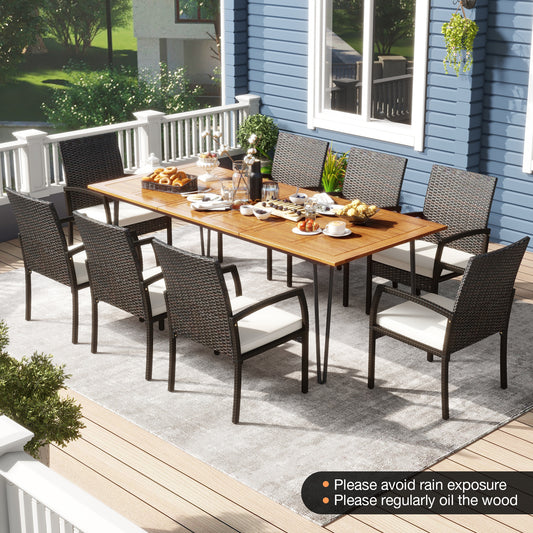 9 Pieces Outdoor Patio Dining Set with Soft Cushions and Acacia Wood Square Table Patio Dining Sets Mix Brown, Off White at Gallery Canada
