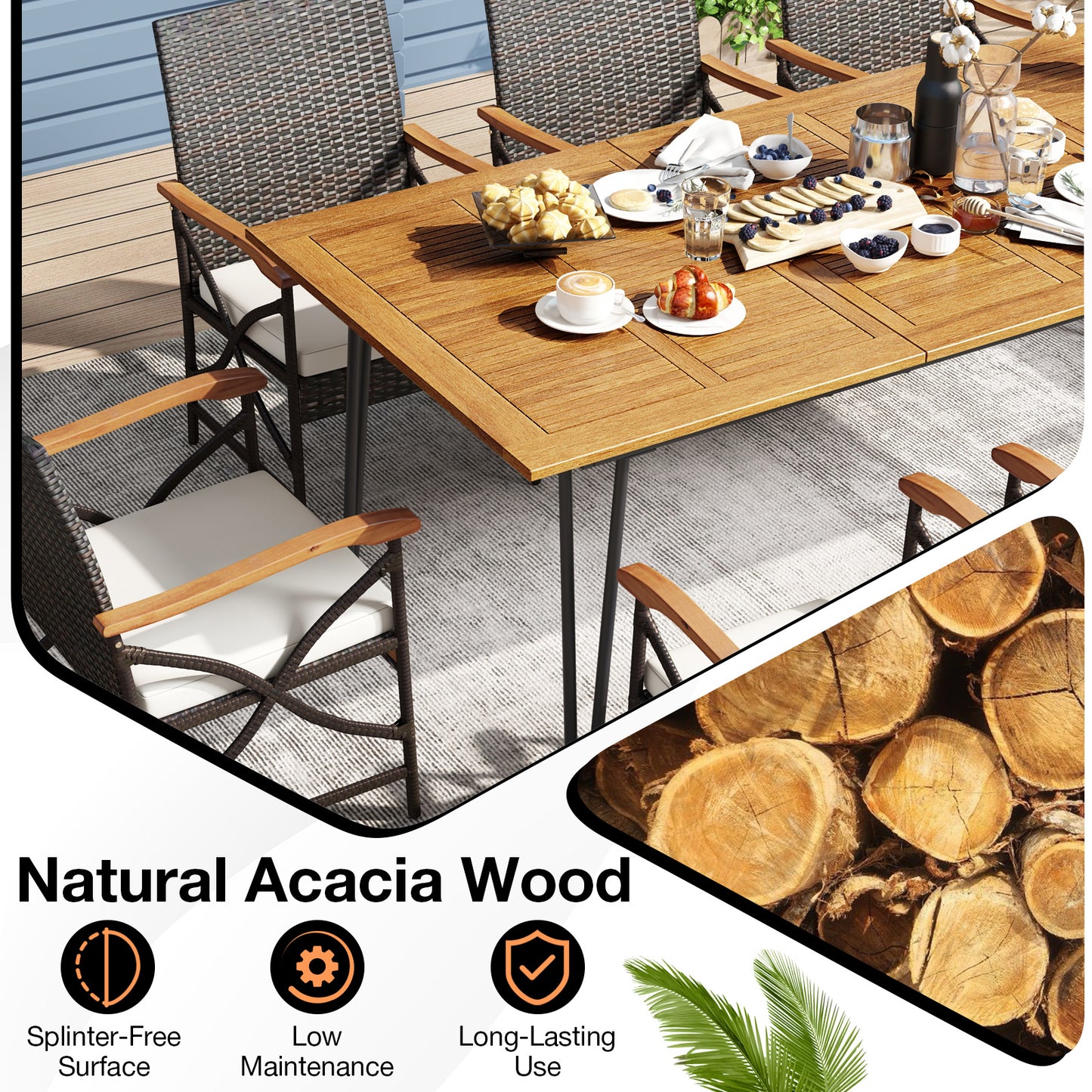 Ensemble de mobilier de patio en osier, 8 fauteuils avec coussins, table en bois d'acacia
