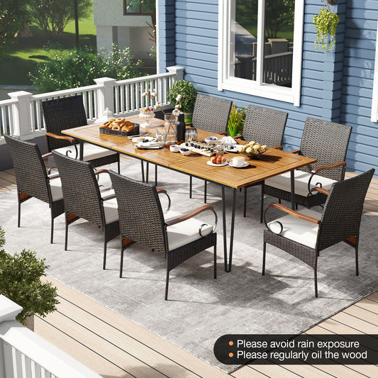 9 Pieces Outdoor Patio Dining Set with Soft Cushions and Umbrella Hole Patio Dining Sets Mix Brown, Off White at Gallery Canada