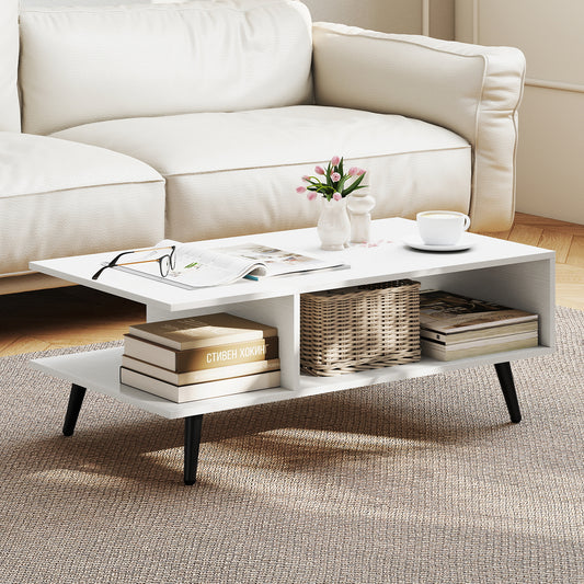 Mid Century Modern Rectangle Coffee Table, 2-Tier Accent Table, White