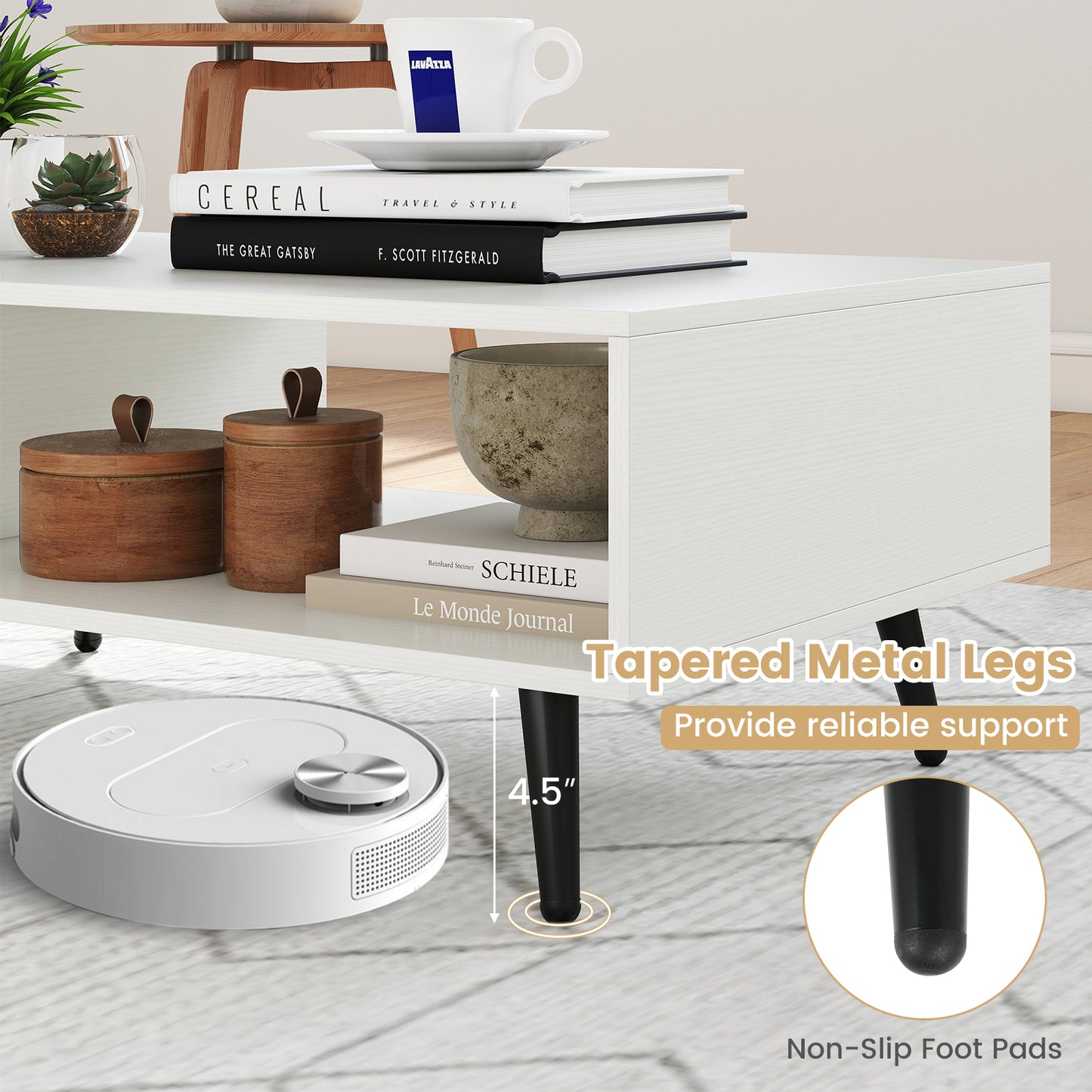 Mid Century Modern Rectangle Coffee Table 2-Tier Accent Table with 2 Open Compartments, White Coffee Tables at Gallery Canada