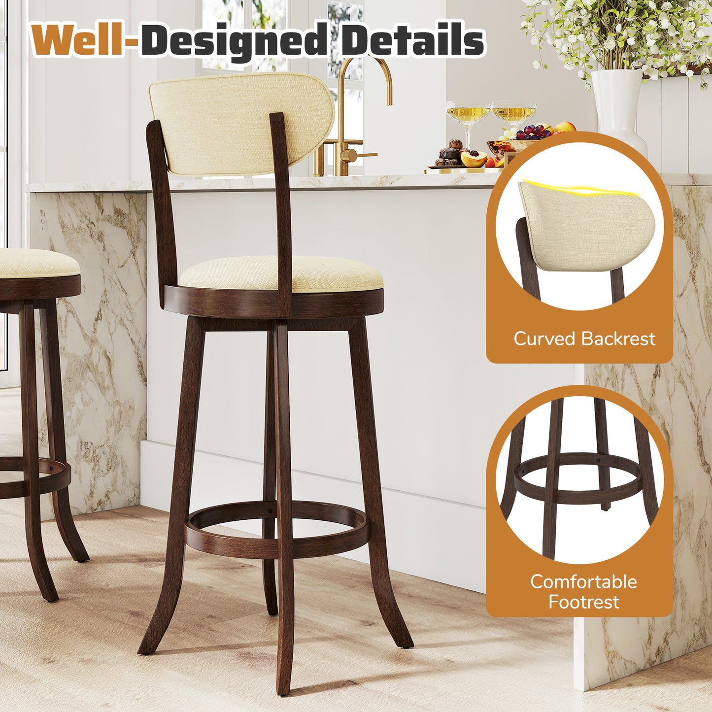30.5 Inch Swivel Barstool Set, Padded Seat and Backrest, Brown Bar Stools at Gallery Canada