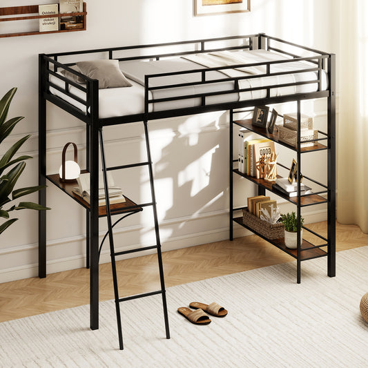 Twin Size Loft Bed With Desk, Shelves, Black Bunk Bed Frame Black at Gallery Canada