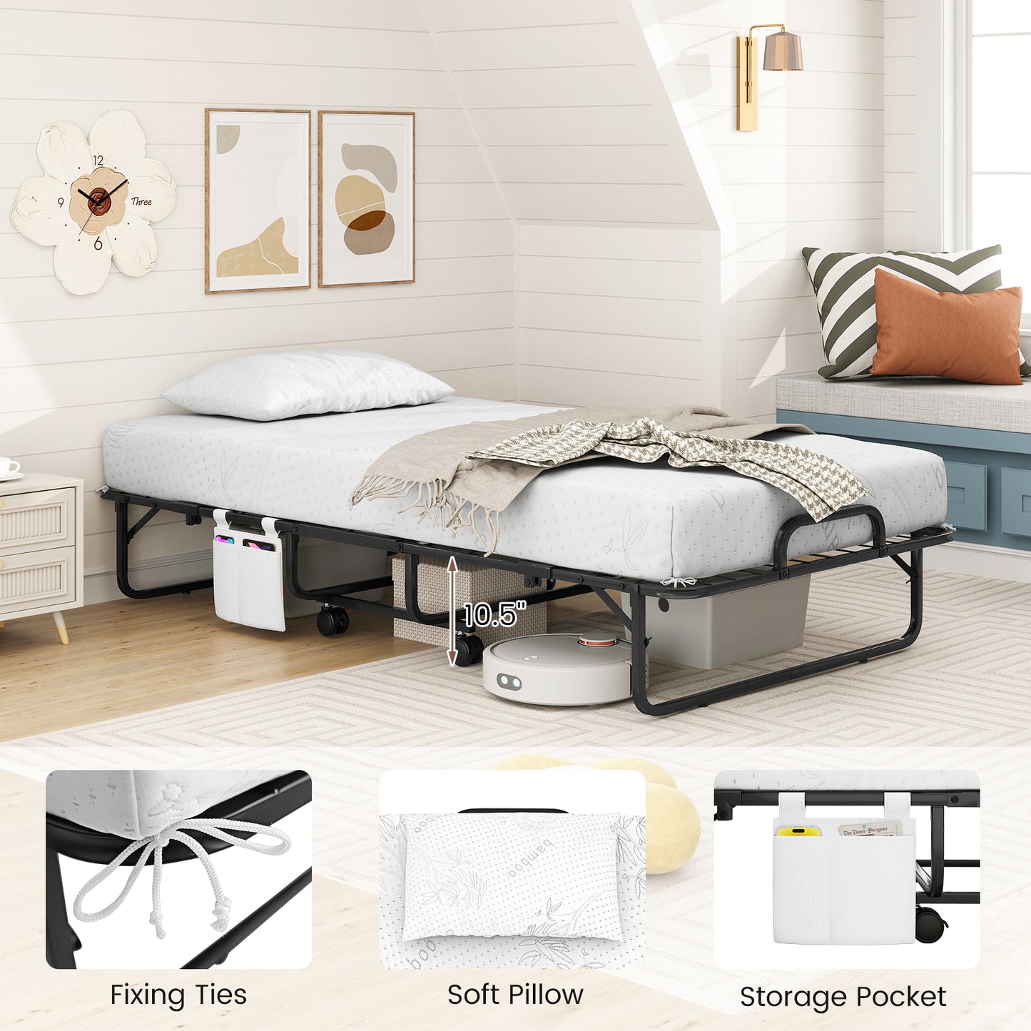 Twin Size Folding Bed, 5 Inch Mattress, White Folding Beds at Gallery Canada