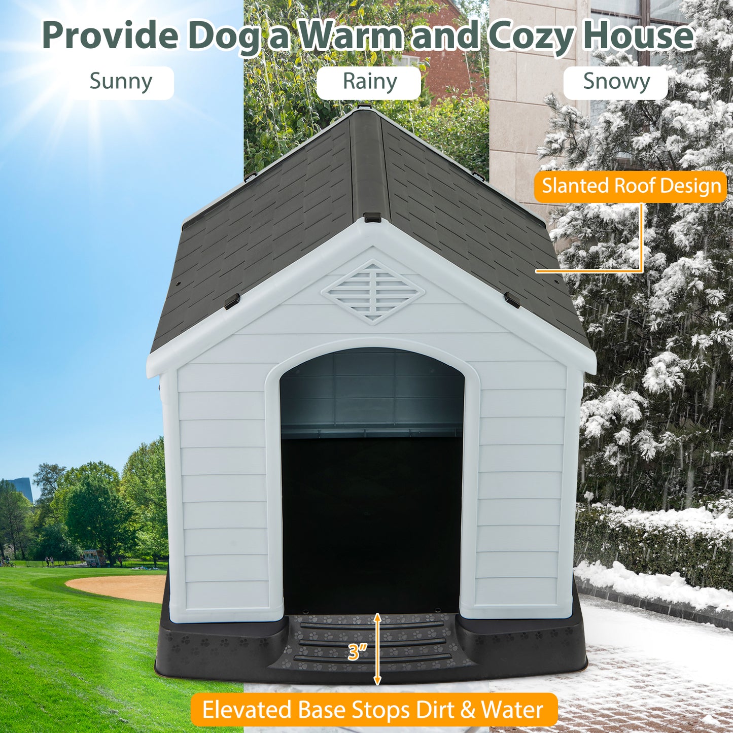 Waterproof Plastic Dog House, Elevated Floor, S, Gray