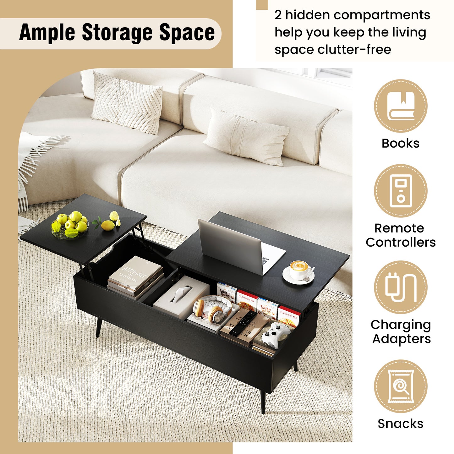 47 Inch Lift Top Coffee Table, 2 Hidden Compartments, Black Coffee Tables at Gallery Canada