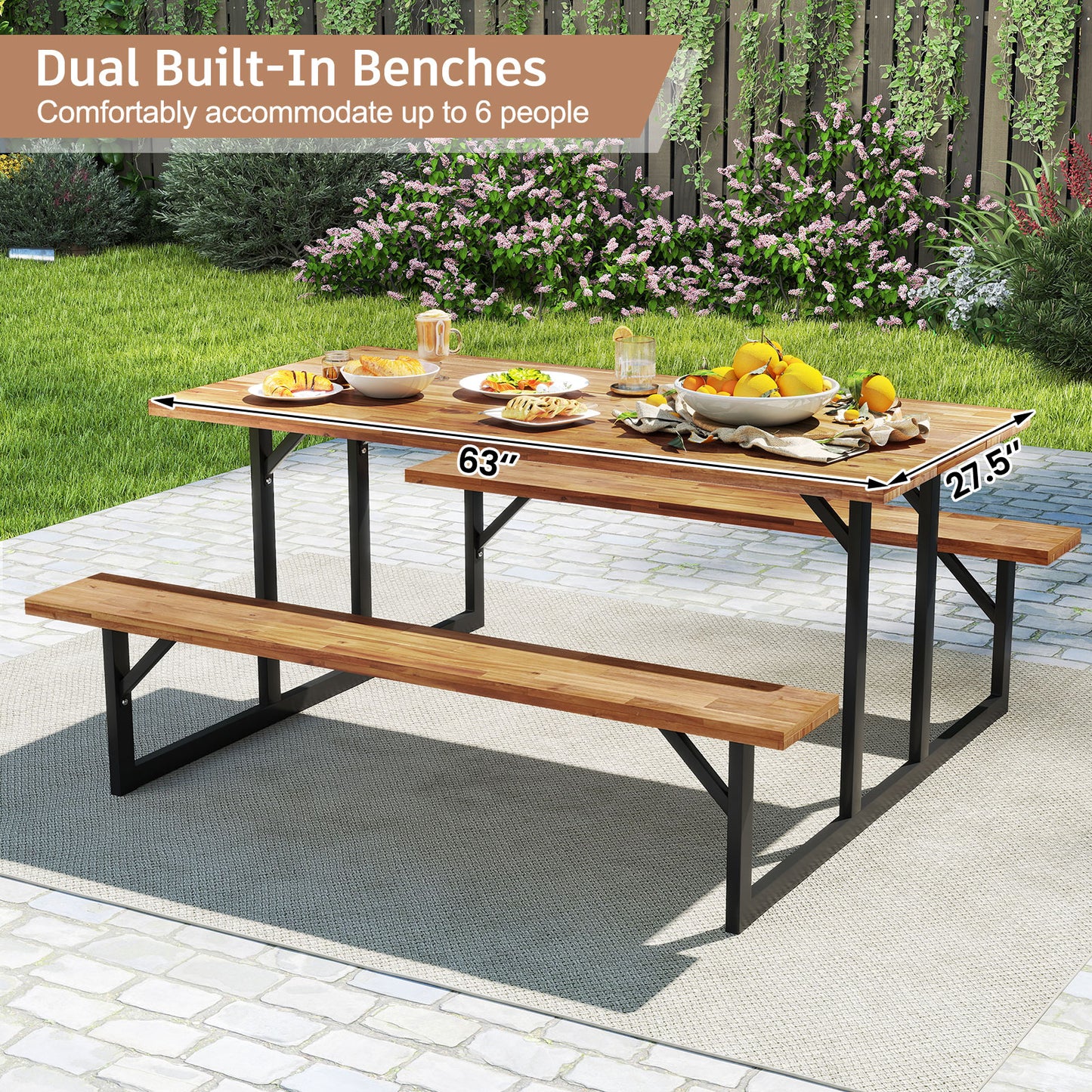6-Person Acacia Wood Picnic Table with 2 Built-In Benches, Brown Picnic Tables at Gallery Canada