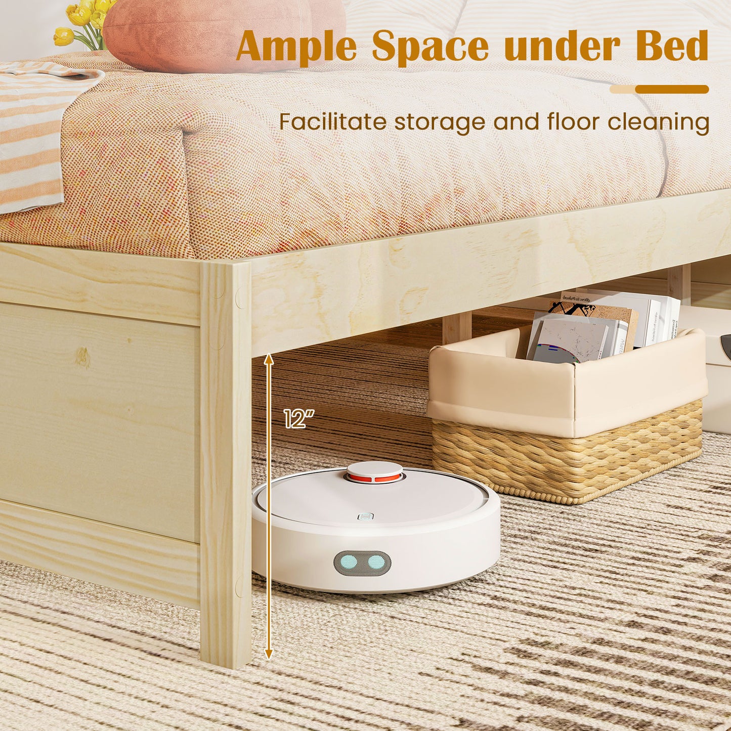 Full Size Wooden Bed Frame With 2 Rolling Storage Drawers, Natural Trundle Bed Frame at Gallery Canada