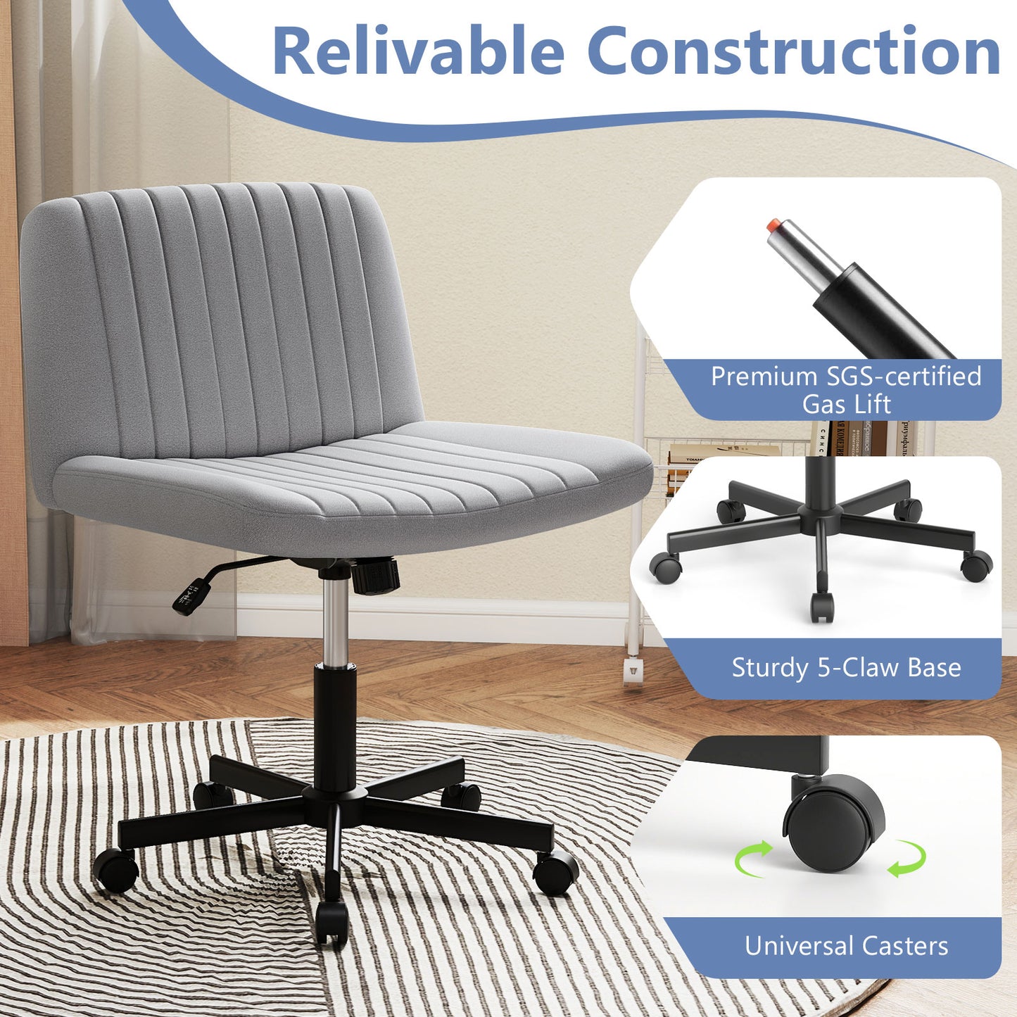Criss Cross Chair With Wheels, Swivel Desk Chair, Soft-Padded Wide Seat, Gray Armless Chairs at Gallery Canada