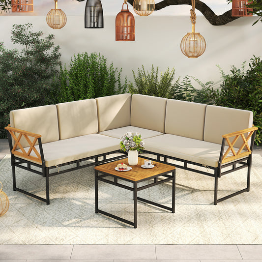 4 Pieces Patio L-Shaped Sofa Set with Cushions and Side Table, Brown Sofas & Loveseats Brown at Gallery Canada