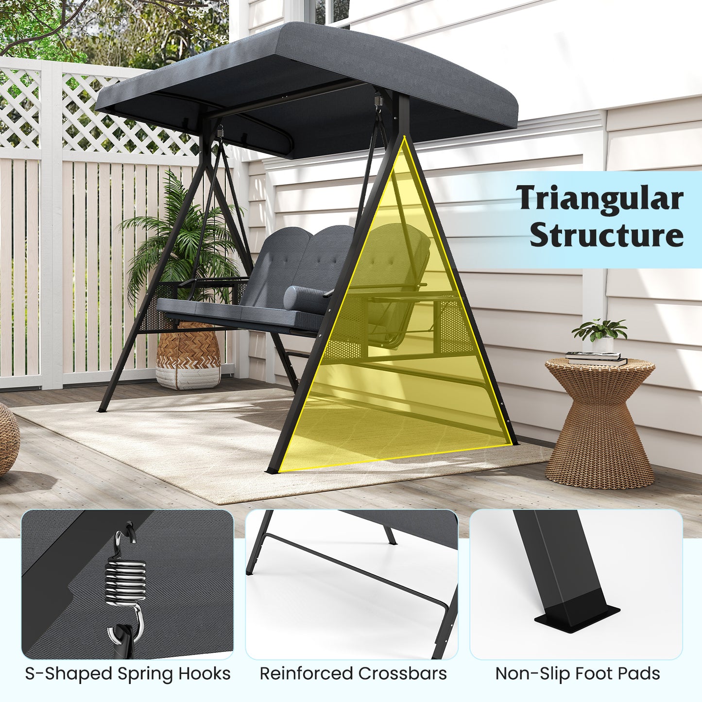 3-Seat Patio Swing Chair Porch Swing with Adjustable Canopy Thickened Cushions Pillow and Foldable Side Trays-Grey, Gray Patio Rocking Chairs & Gliders at Gallery Canada
