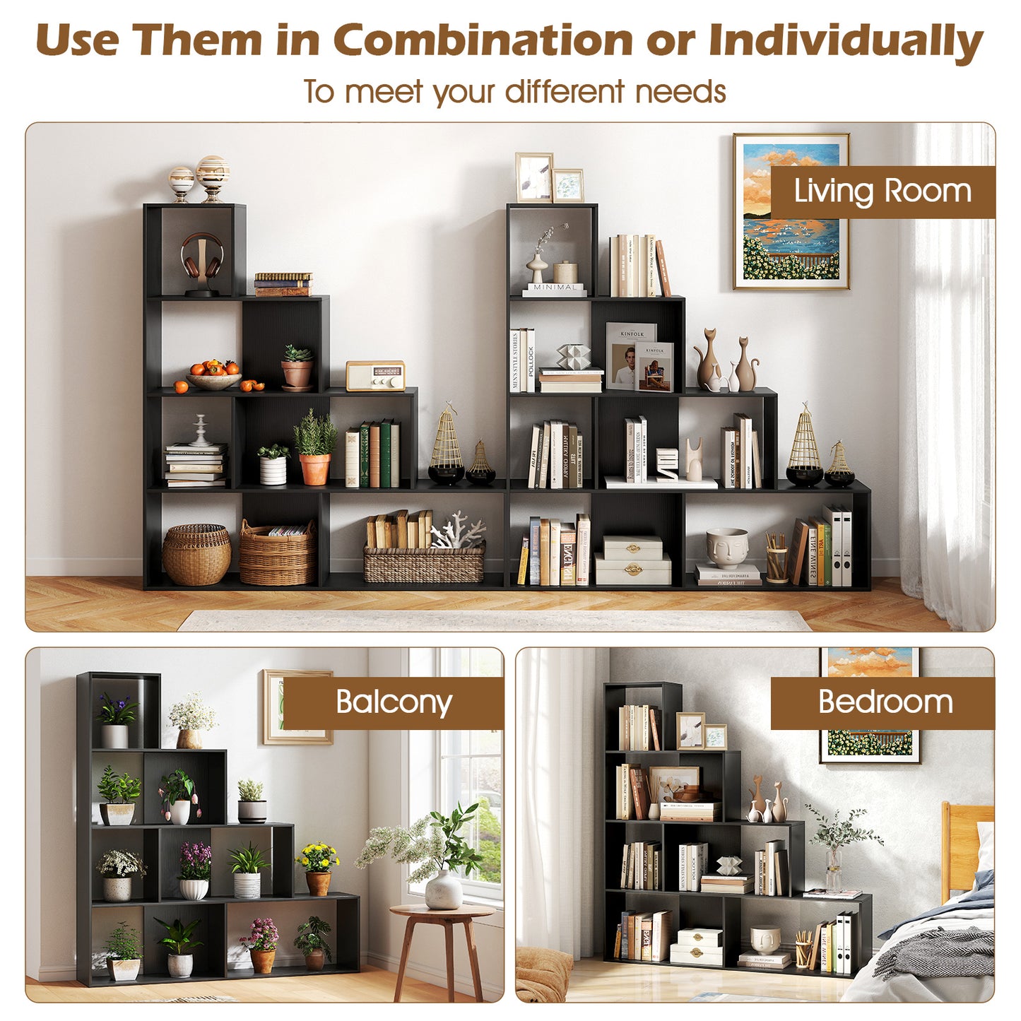 4-Tier Modern Stepped Bookshelf with 6 Storage Cubes for Living Room, Black Bookcases at Gallery Canada