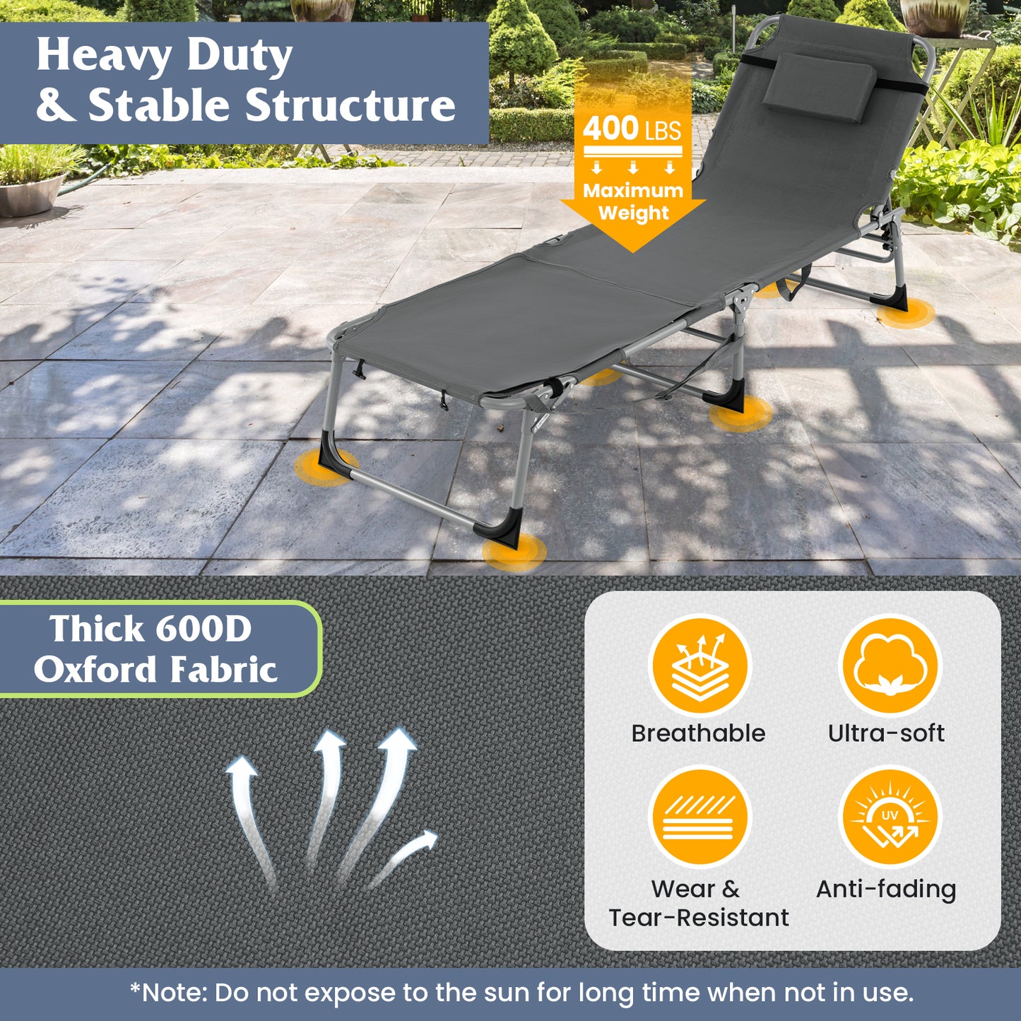 5-Position Outdoor Folding Chaise Lounge Chair, Gray