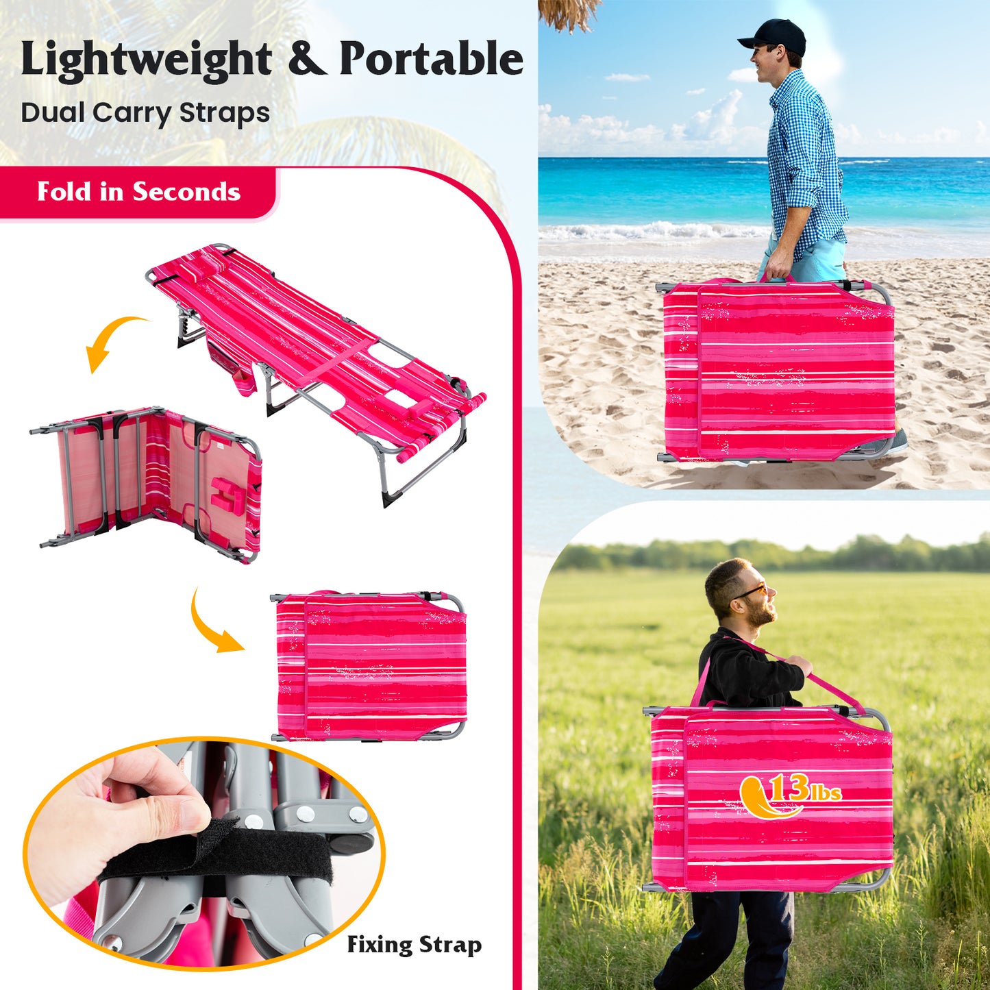 5-Position Outdoor Folding Chaise Lounge Chair, Rose Red