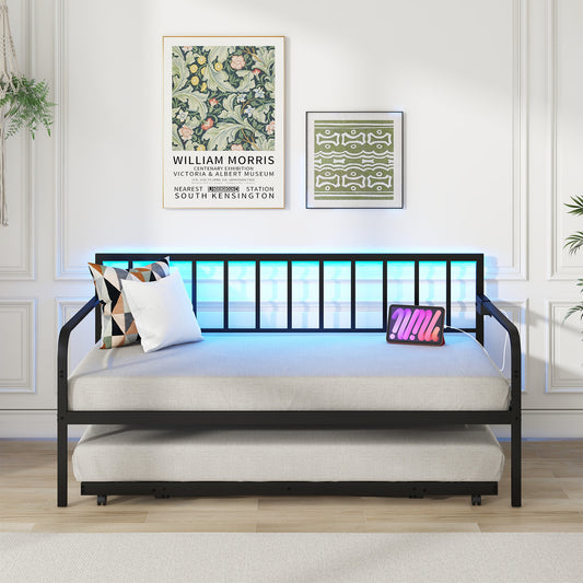 Twin Daybed With Charging Station, LED Lights, Black Trundle Bed Frame Black at Gallery Canada