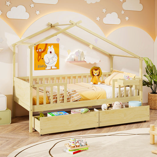 Twin House Bed with 2 Storage Drawers and Roof & Fence Rails, Natural Simple Bed Frame Natural at Gallery Canada