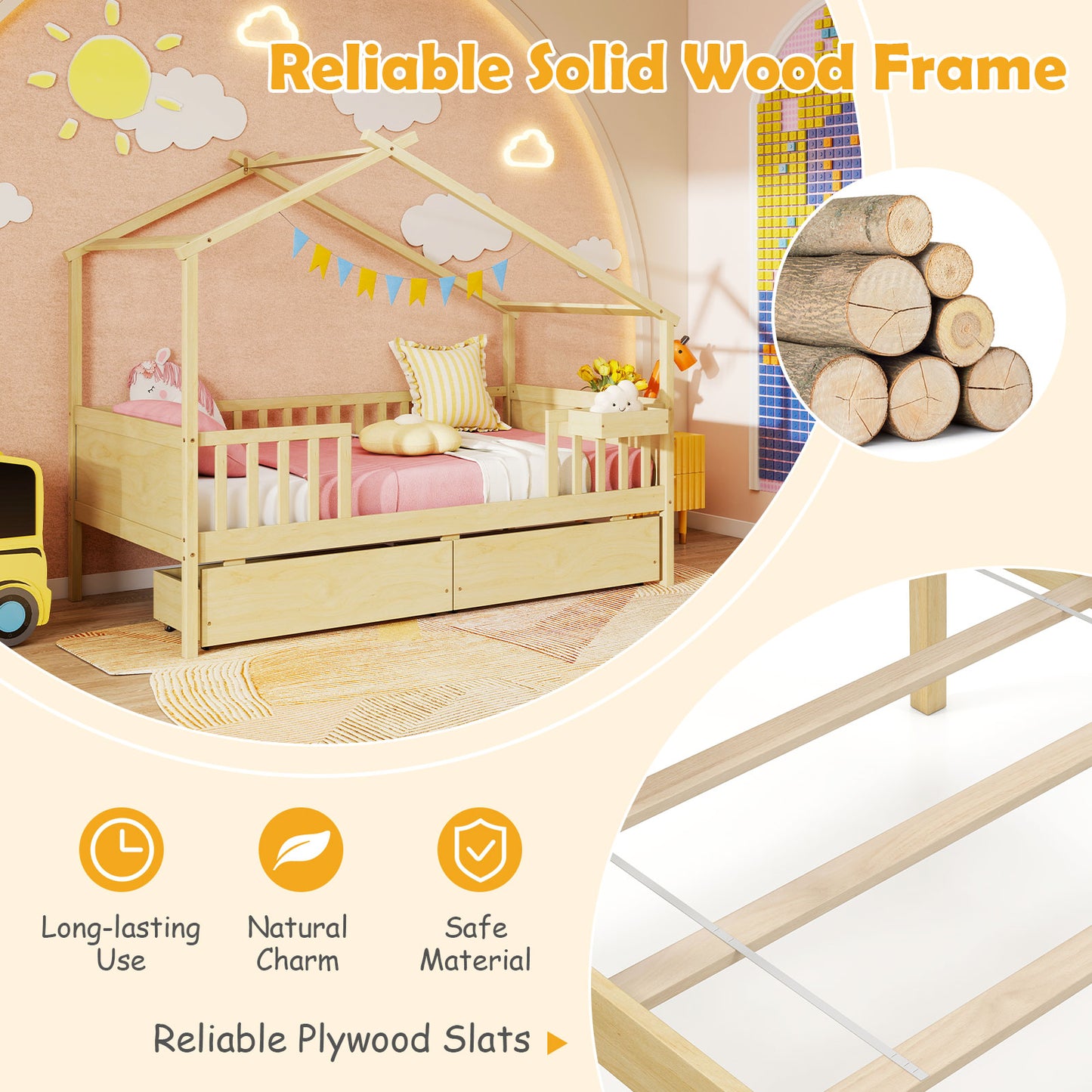 Twin House Bed With 2 Storage Drawers, Roof And Fence Rails, Natural Simple Bed Frame at Gallery Canada