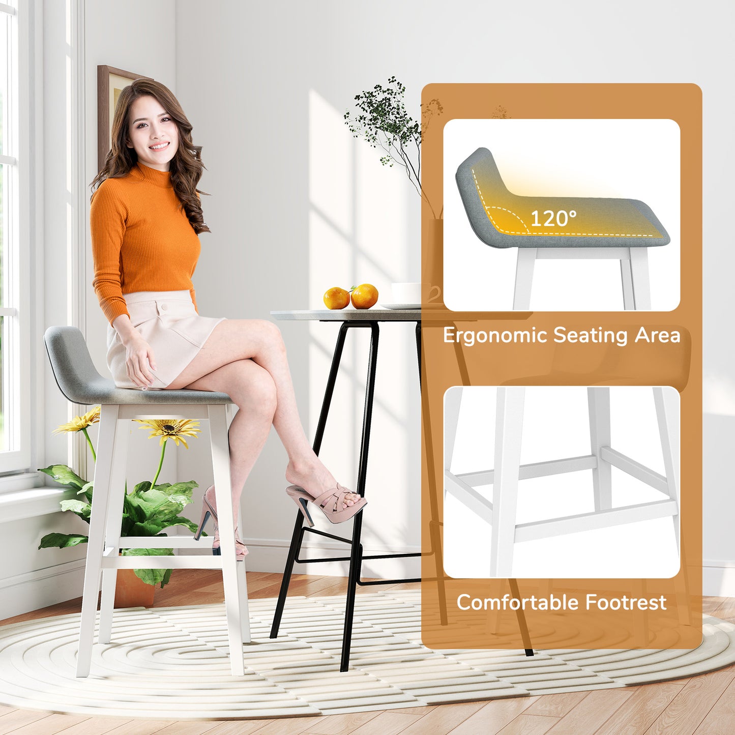 29 Inch Low-Back High-Top Chair, Padded Seat, Rubber Wood Legs, White Bar Stools at Gallery Canada