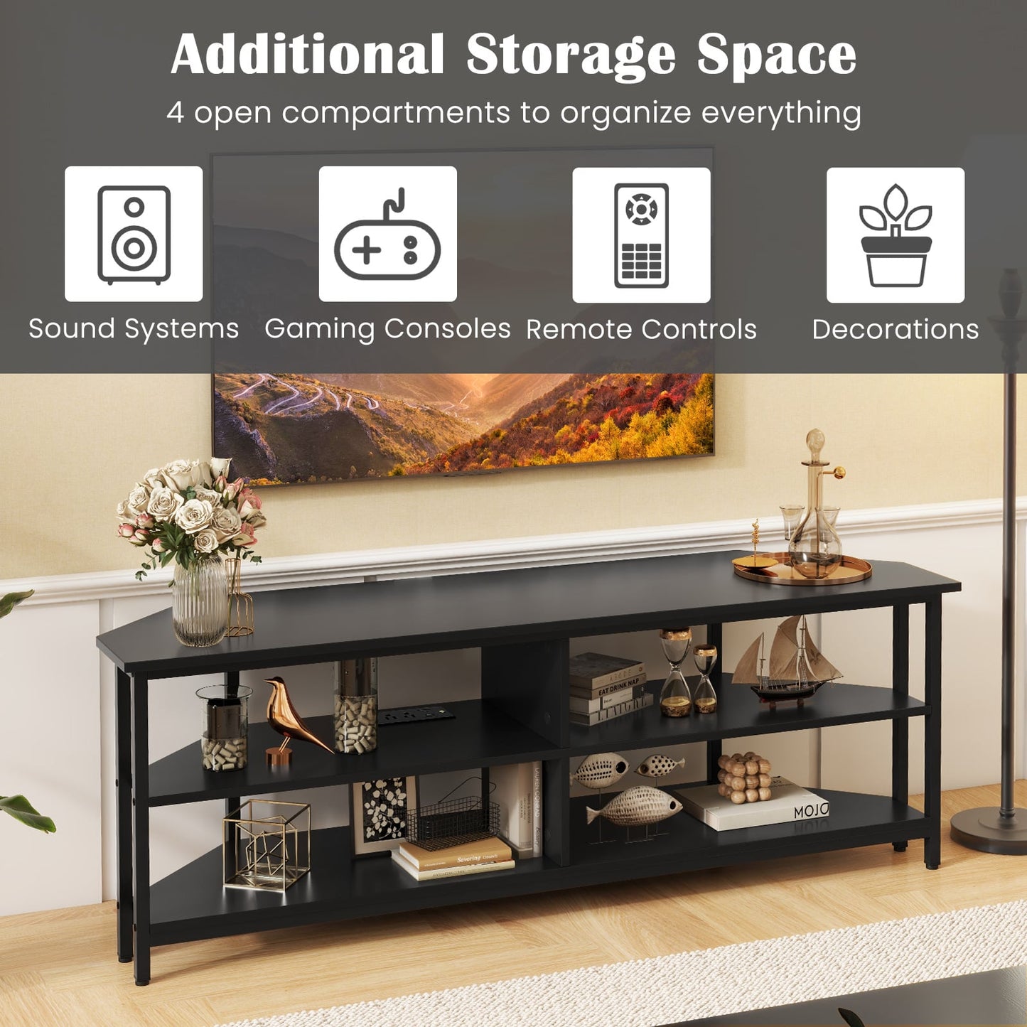 3-Tier Corner TV Stand, 65 Inches, Black Entertainment Centers & TV Stands at Gallery Canada