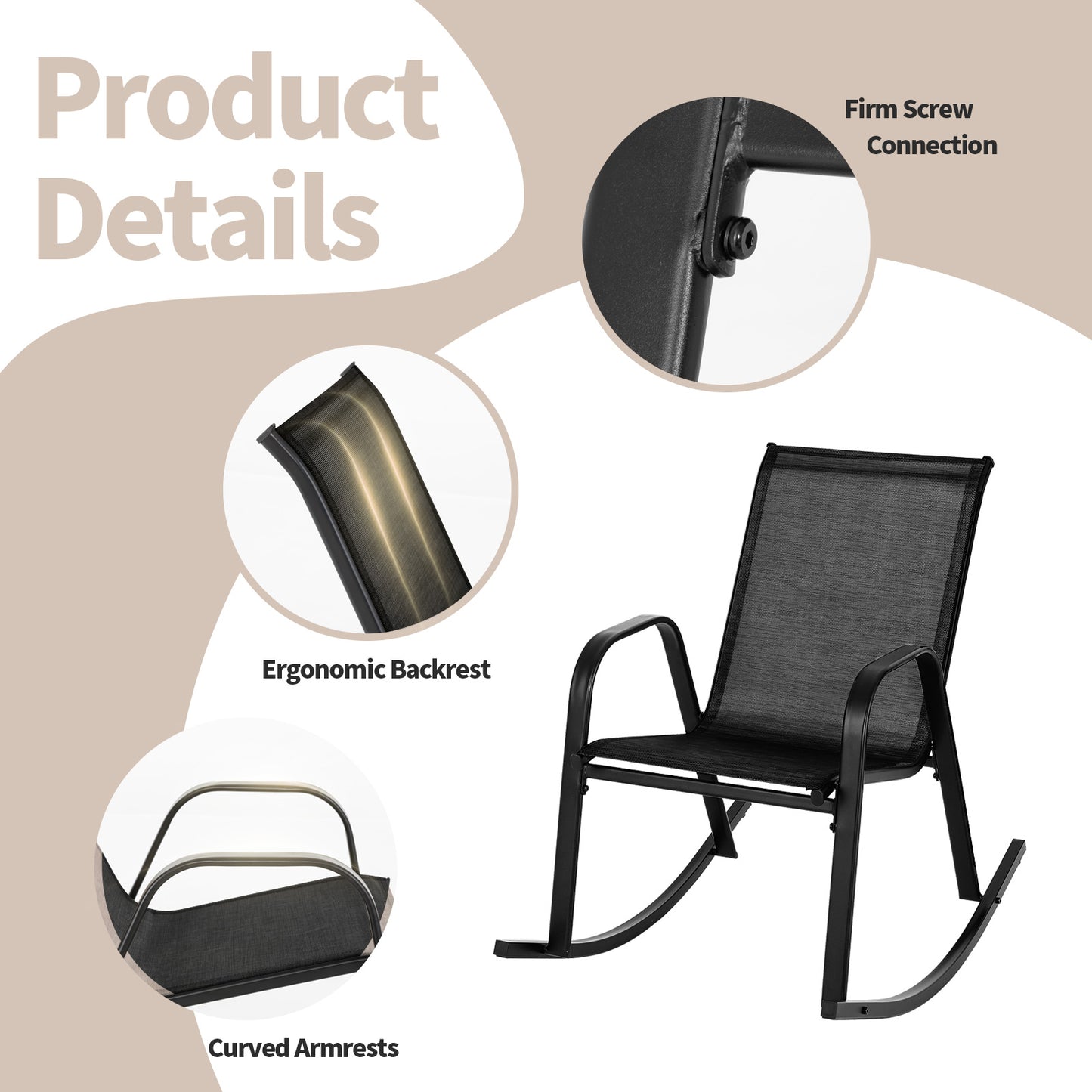Set Of 2 Metal Patio Rocking Chairs, Breathable Fabric Seat, Black Patio Rocking Chairs & Gliders at Gallery Canada
