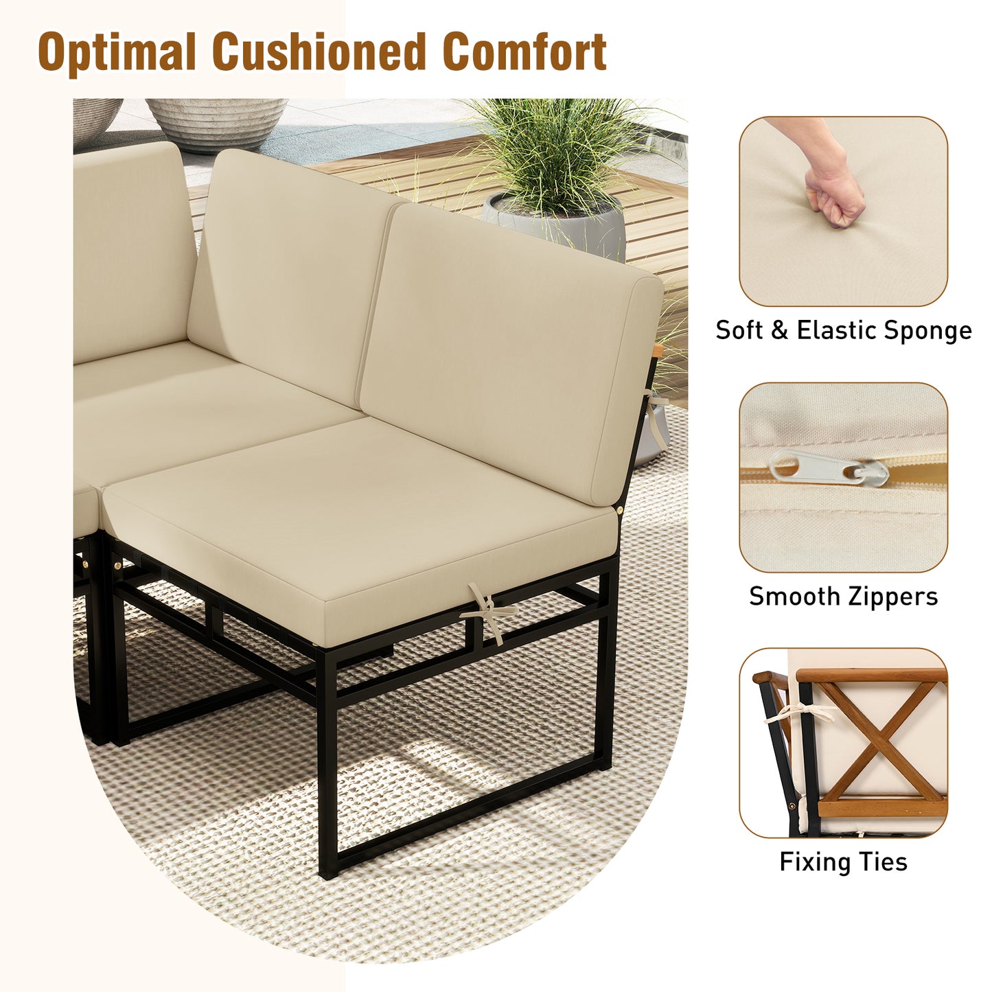6 Piece Outdoor Sectional Sofa Set, Metal Conversation Set With Cushions, Beige Patio Conversation Sets at Gallery Canada