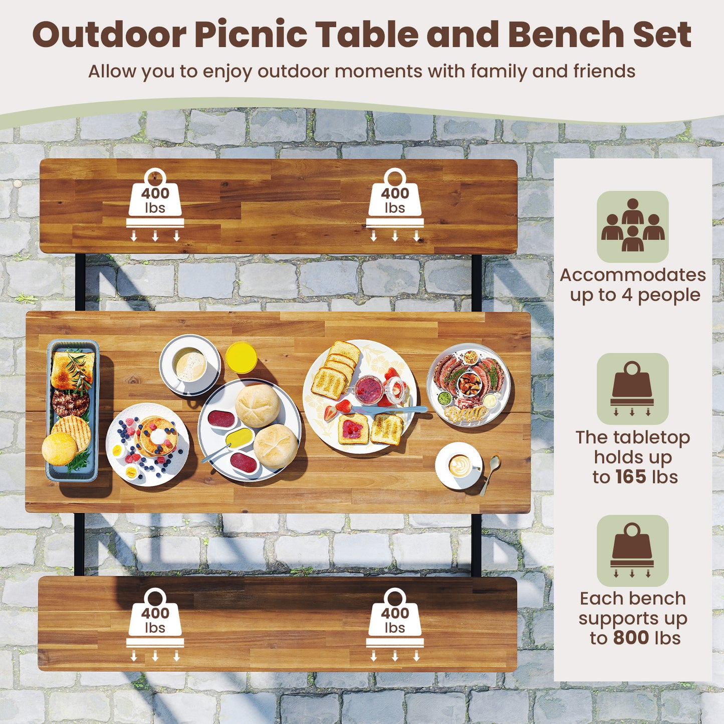 Patio Picnic Table Bench Set with Acacia Wood Tabletop and Benchtop, Natural Patio Dining Sets at Gallery Canada