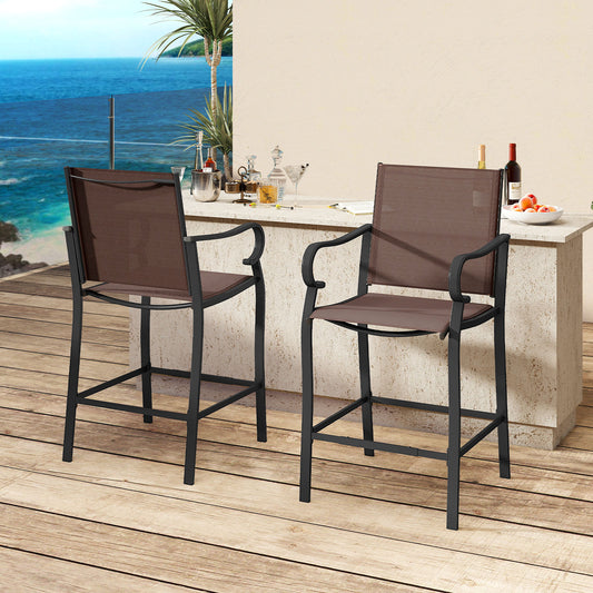 Outdoor Counter Height Bar Stools, Set of 2, Breathable Mesh Fabric, Brown Patio Bar Furniture Brown at Gallery Canada