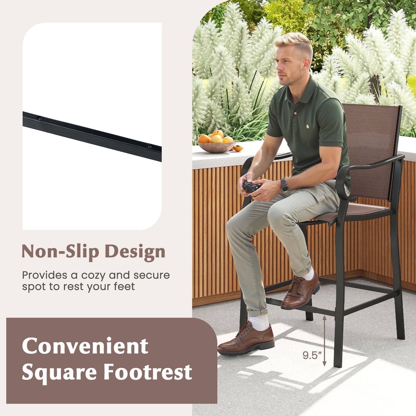 Outdoor Counter Height Bar Stools, Set of 2, Breathable Mesh Fabric, Brown Patio Bar Furniture at Gallery Canada