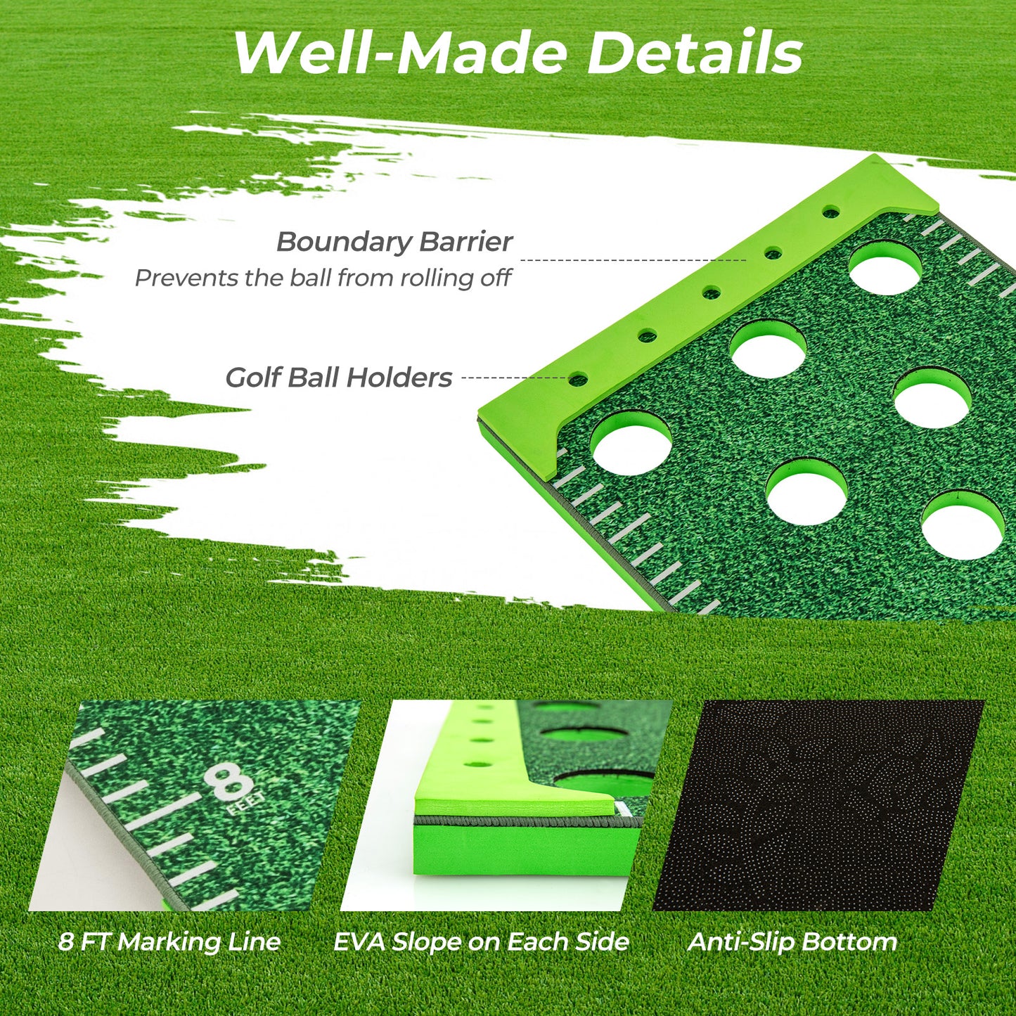 11 FT Putting Green Mat with 2 Adjustable Putters and 6 Balls, Green