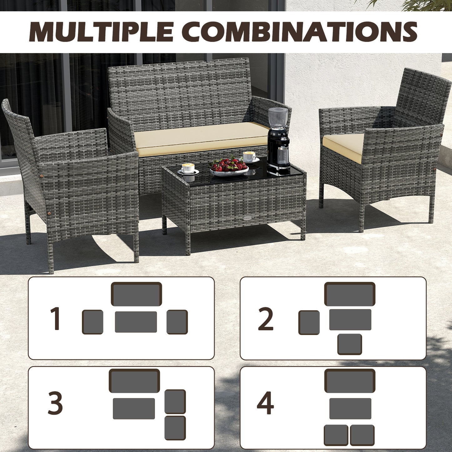 4 Pieces Patio Rattan Conversation Set with Tempered Glass Coffee Table, Beige Patio Conversation Sets at Gallery Canada