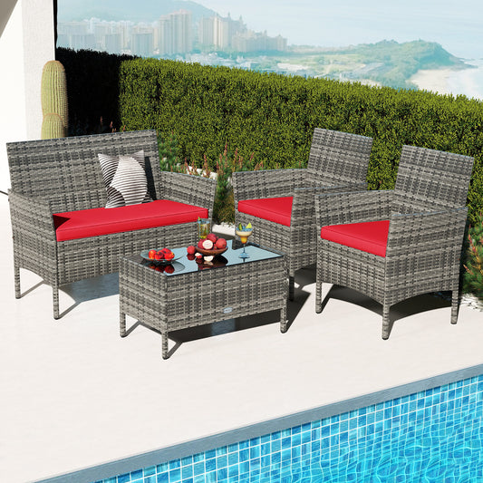 4 Piece Rattan Patio Set, Tempered Glass Coffee Table, Red