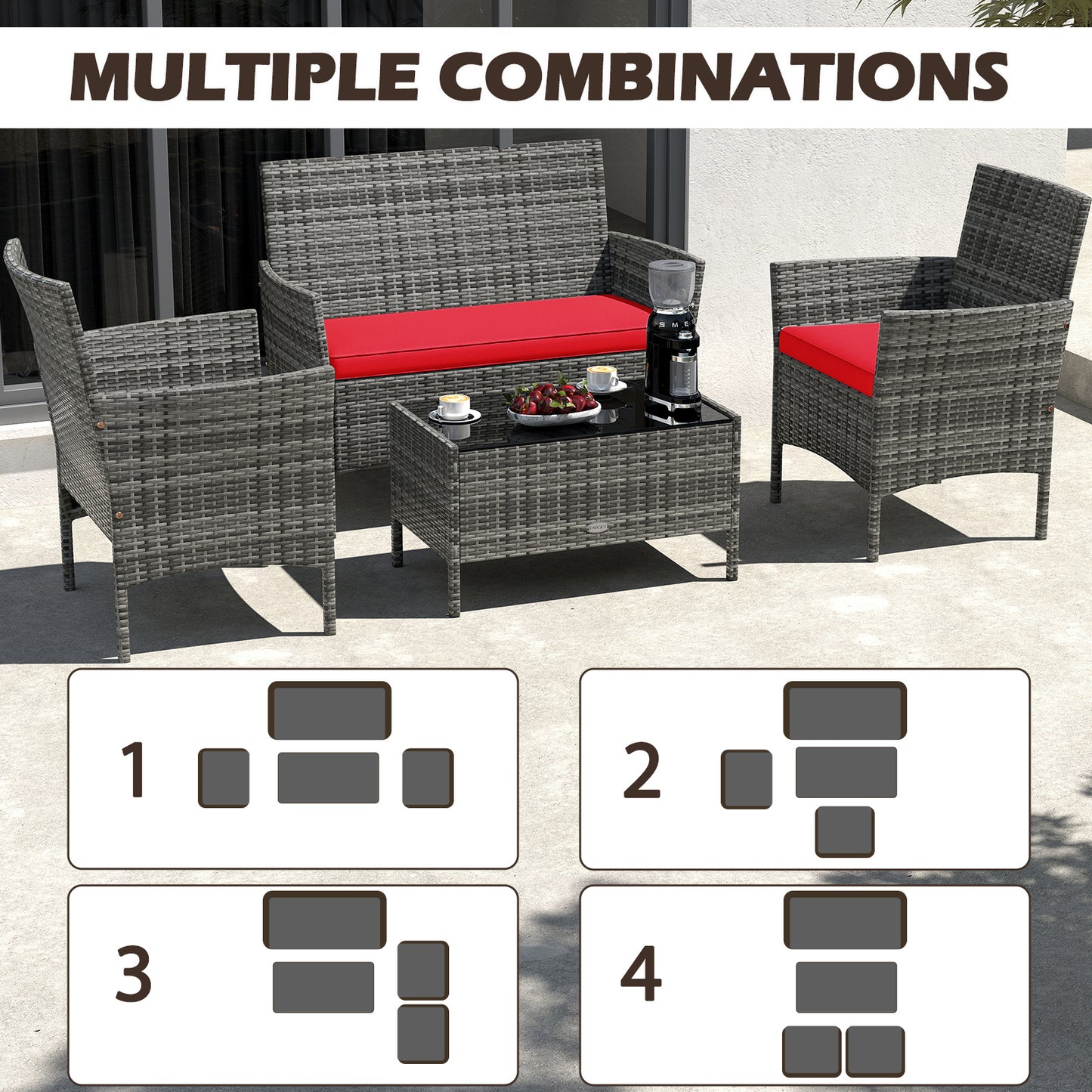 4 Piece Rattan Patio Set, Tempered Glass Coffee Table, Red Patio Conversation Sets at Gallery Canada