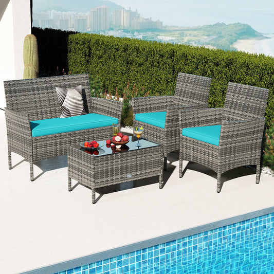 4 Piece Patio Rattan Conversation Set, Tempered Glass Coffee Table, Turquoise
