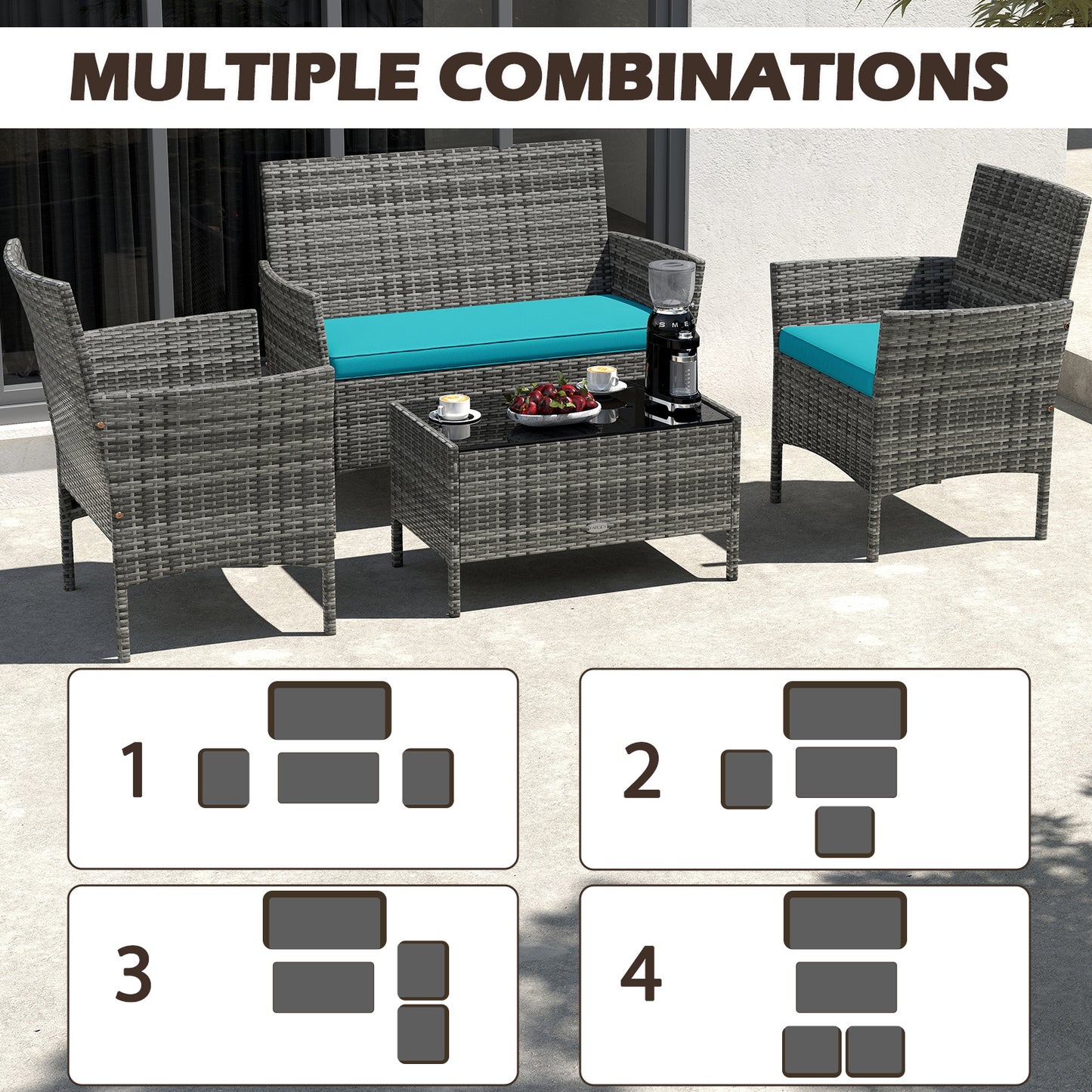 4 Piece Patio Rattan Conversation Set, Tempered Glass Coffee Table, Turquoise Patio Conversation Sets at Gallery Canada