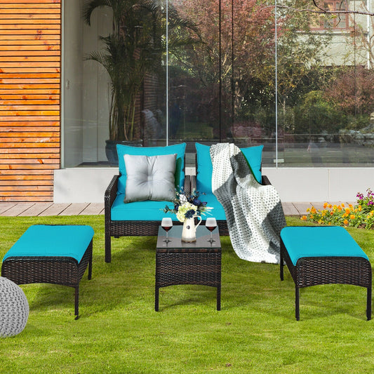 5 Pcs Patio Rattan Sofa Ottoman Set, Turquoise Patio Furniture Sets Turquoise at Gallery Canada