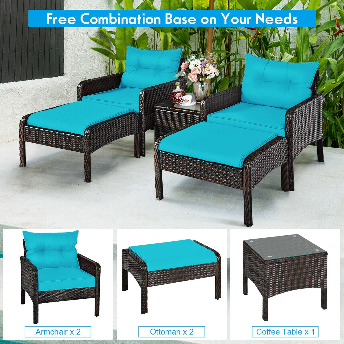 5 Pcs Patio Rattan Sofa Ottoman Furniture Set with Cushions, Turquoise Patio Furniture Sets at Gallery Canada